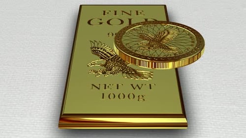 Gold Bar and Dollar Coin on Cotton Fabric, Bank Bullions, Precious Metals, Looped, Business
