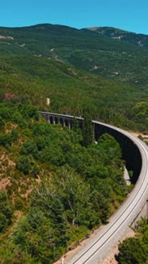 Scenic Aerial View of Canfranc Railway Viaduct in the Spanish Pyrenees Mountains