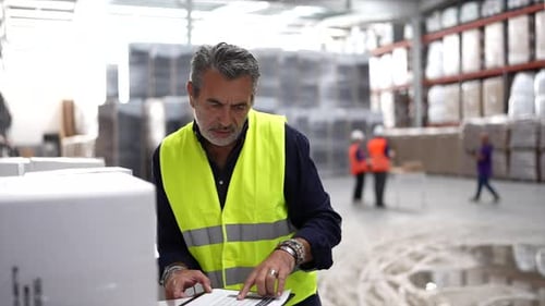 Warehouse Supervisor Managing Inventory and Checking Shipments