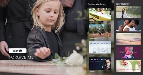 Streaming, overlay and funeral service video with interface of death, grief