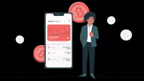 Mobile bitcoin account - cryptocurrency trading animation 4k on alpha channel