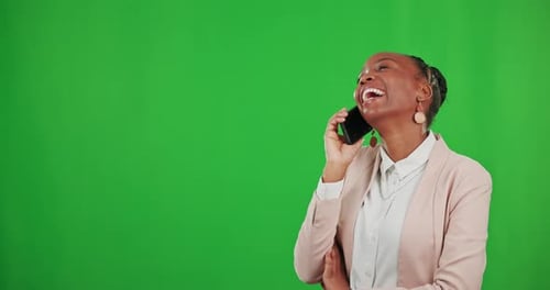 Phone call, talking and black woman laughing on green screen in studio isolated on a background