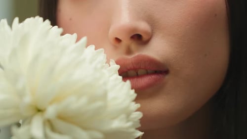 Close Up Unrecognizable Asian Woman Female Girl Chinese Korean Lady Face Smell Flower Natural
