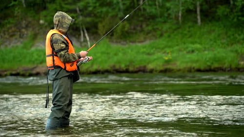 A Fisherman Casts A Spinning Rod Into A Mountain River Near A Forest