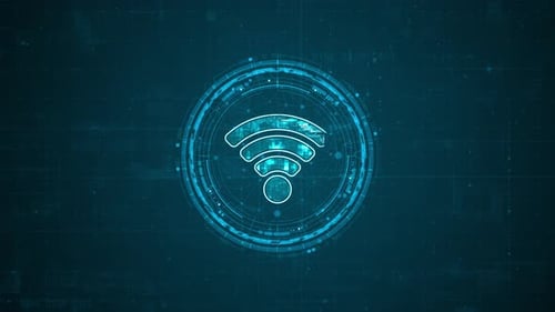 Blue digital WIFI logo and circle futuristic HUD elements with flowing arrows