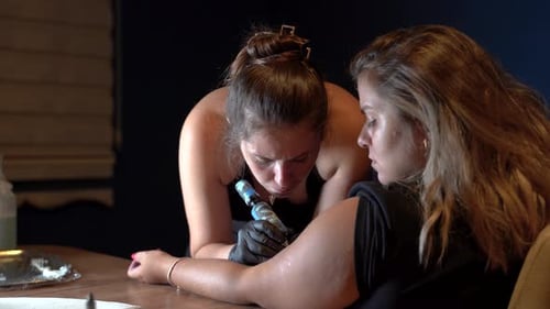 Tattoo Artist Giving Tattoo To Young Woman Indoors