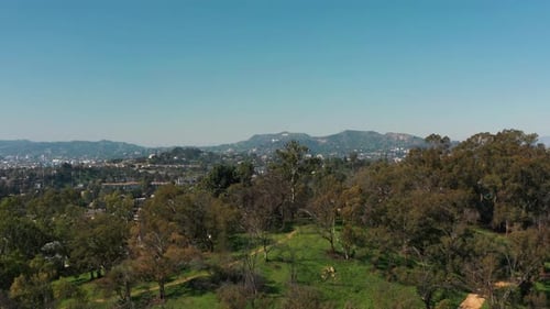 Aerial video flying over a Los Angeles neighborhood toward Beverly Hills with the Hollywood sign in