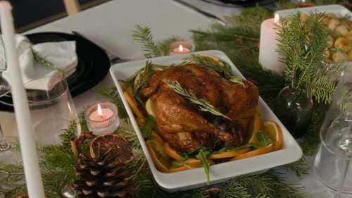 Festive roasted turkey dinner table centerpiece decoration