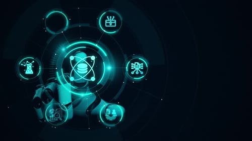 Futuristic AI Hand Interacts with Digital Technology Interface