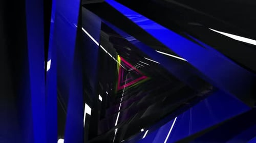 Glowing triangle moving in tunnel. Hypnotic background of 3d animation.