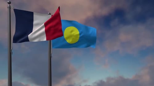 France and Palau Flags Waving Side by Side