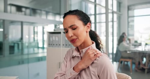 Business, tension and woman with back pain in office for medical injury