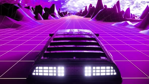 Retro-futuristic 80s style sci-Fi car background. Seamless loop 3D video animation