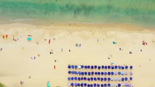 Aerial flying drone view of Kot Noi Beach white sandy beach on sunny tropical paradise island with a