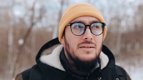Man In Beanie Outdoors in Winter Close Up