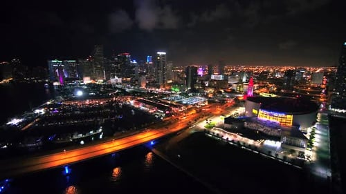 Downtown Miami At Night By Aerial Drone