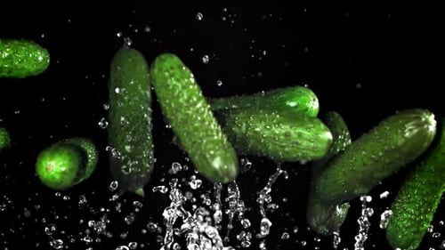 Cucumbers Fly Up and Fall Down on a Black Background Filmed on a Highspeed Camera at 1000 Fps