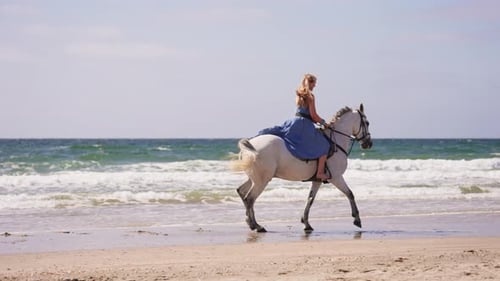 Woman In A Blue Dress Riding A Horse