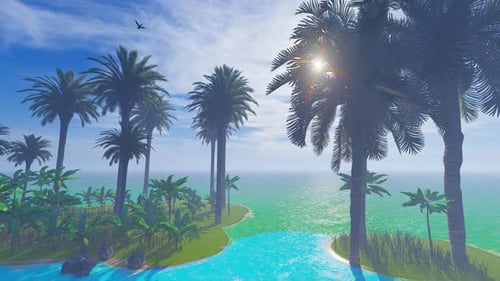 Tropical Island Flyover with Palm Trees and Ocean