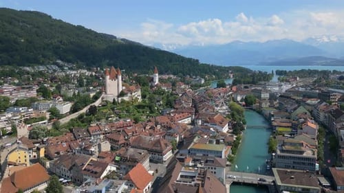 Aerial Shot of the old town of Thun city in Switzerland