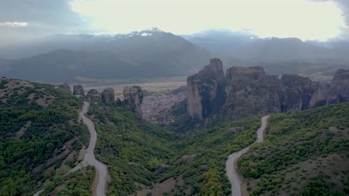 Meteora Rocky Mountains Kalabaka Trikala Greece, Aerial Pullback Shot, Panoramic View of Rock Format