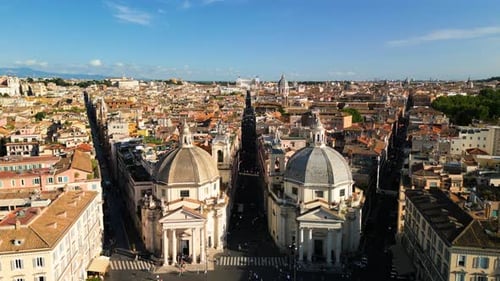 Drone Descends to Reveal Ancient Flaminio Obelisk. Piazza del Popolo, Rome Italy
