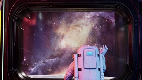 Astronaut Gazing at Colorful Nebula from Spacecraft Window