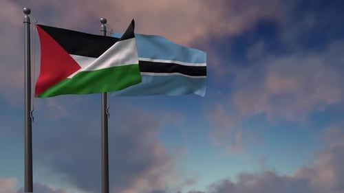 Flags of Palestine and Botswana Waving in Wind