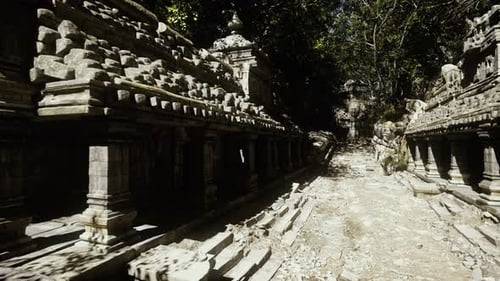 Peaceful Wilderness Walk Through Mossy Temple Corridor in Lush Forest