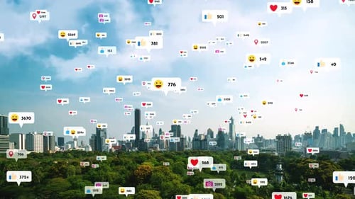 Social Media Icons Fly Over City Downtown Showing People Reciprocity Connection