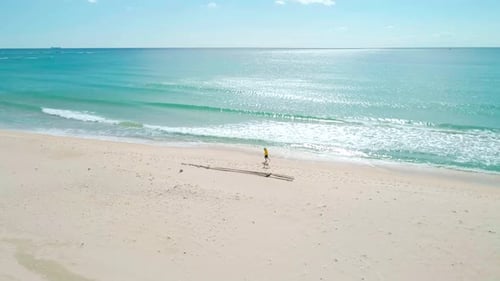 Aerial View of a Young Woman in Yellow Jacket Walking on Beach with Her Dog
