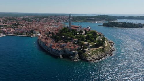Aerial view of the croatian landmark, old town Rovinj and the cathedral of St. Euphemia, Istria