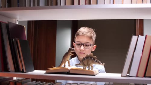 Curious Young Paleontologist Reading a Book About Dinosaurs in Library