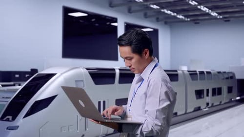 Man Types on Laptop Near Modern Train