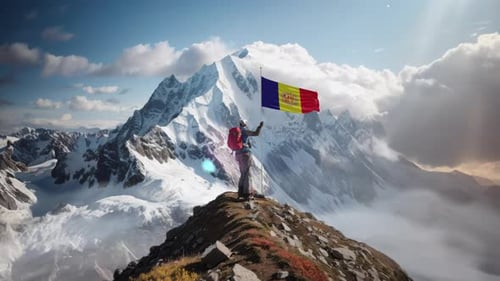 Alpiniste tenant le drapeau d'Andorre au sommet de la montagne