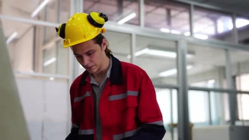 Arbeiter, die an der Maschine arbeiten. Mitarbeiter der Metallurgie untersuchen einen Metallbohrer in einer Anlage.