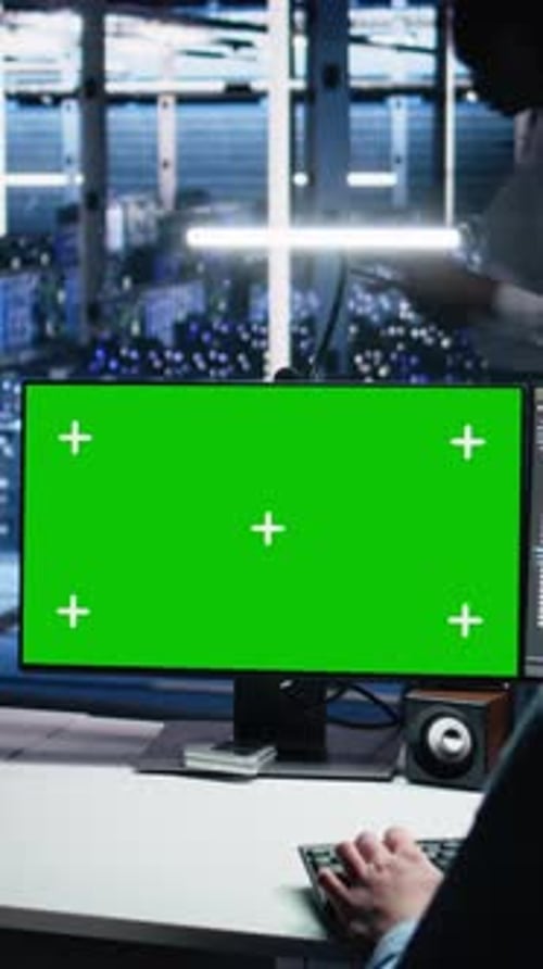 Vertical Video Data Center Engineer Using Green Screen PC to Monitor Neural Network Using AI