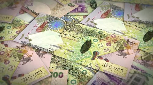 Pile of qatar riyal cash money, inflation concept. Closeup new qatar one hundred riyal bills 4k reso