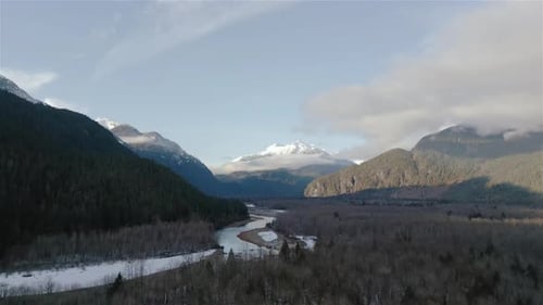 River Mountains and Forest in Canadian Nature Landscape Background