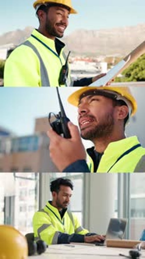 City, architect and happy man with blueprint, thinking and plan for property development and online