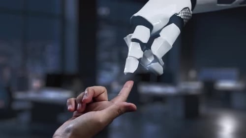 Innovative Marketing Automation Concept with Robotic Hand Interacting with Digital Icons Representin