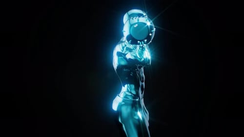 Glowing Chrome Boxer Performing Athletic Movements