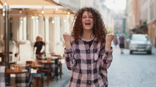 Young Woman Shouting Celebrating Success Winning Goal Achievement Good Victory News in City Street