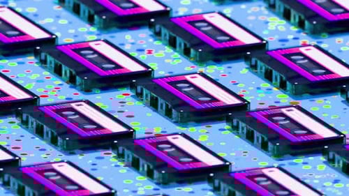 Vibrant Retro Cassette Tapes Looping Grid Animation