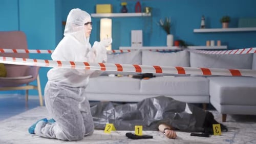 Investigator Examining Crime Scene with Body and Guns