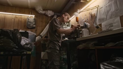 Technician Repairing Lathe at Small Plastic Recycling Factory