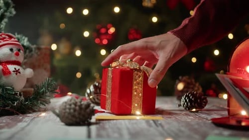 Festive Wrapped Gift Placed on Holiday Table