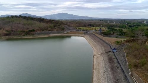 Aerial view of the natural lake between islands and hills
