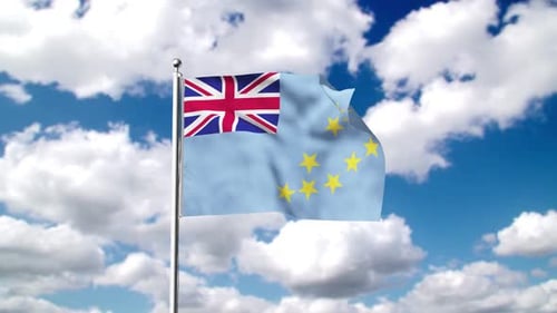 Tuvalu National Flag Waving with Blue Sky and Clouds Background