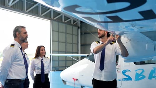 Young Pilot Explaining Airplane Mechanics to Students in a Hangar